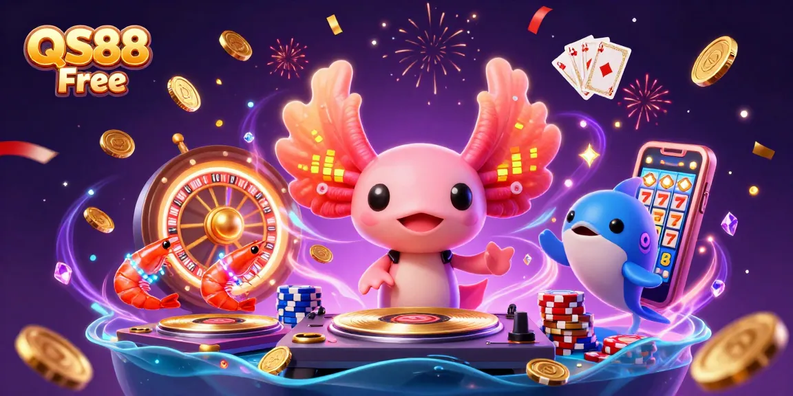 Experience QS88 Free’s vibrant gaming world with a colorful axolotl DJ and mesmerizing casino elements.