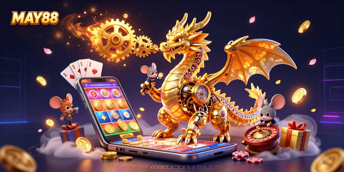 MAY88 unleashes immersive gaming with golden dragon and dynamic casino elements.