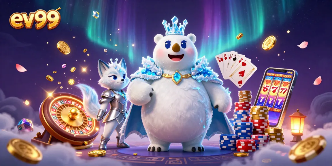 Engage with ev99's vibrant online gaming world through this dynamic casino-themed illustration.