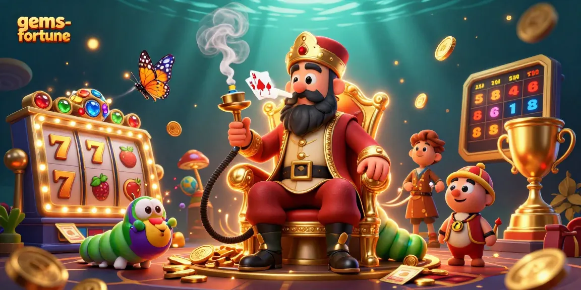Experience gems-fortune in a vibrant online casino with a magical caterpillar and slot reels.