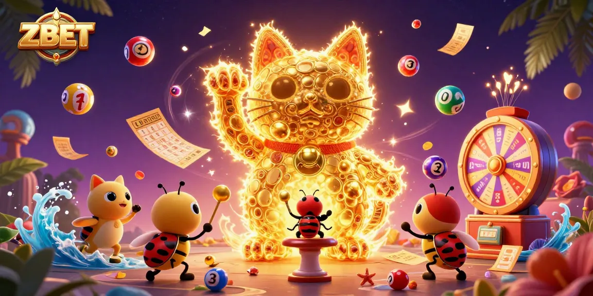 ZBET gaming experience featuring a golden lucky cat and vibrant casino elements in a colorful 3D scene.