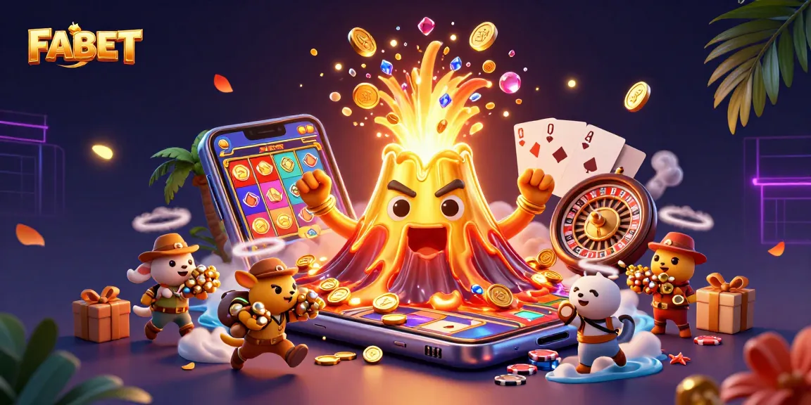 Experience dynamic gaming at FABET with erupting coins and treasure in this vibrant casino scene.