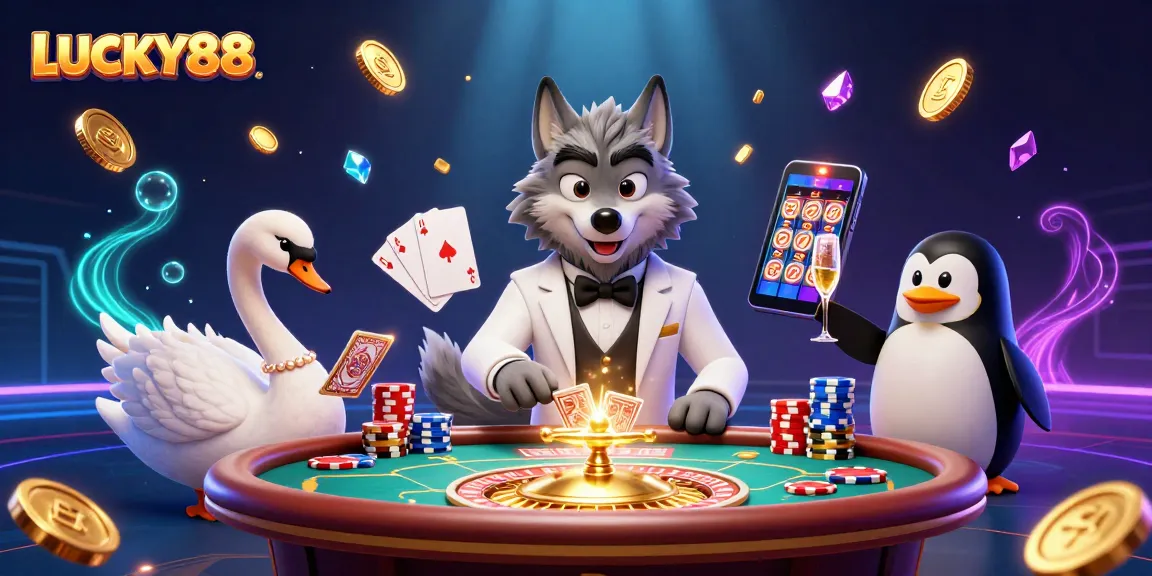 Engage with LUCKY88 in this vibrant 3D casino scene featuring an elegant wolf, swan, and penguin.