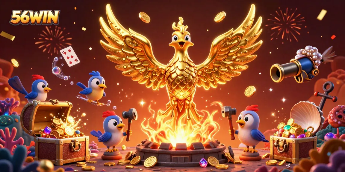 Experience the thrill of 56WIN with a golden phoenix and vibrant casino elements bursting with excitement.