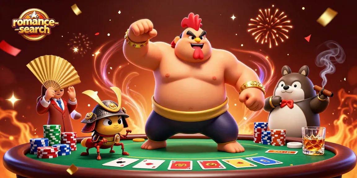 Experience thrilling gameplay in romance-search, featuring a powerful sumo wrestler rooster amidst a vibrant poker scene.