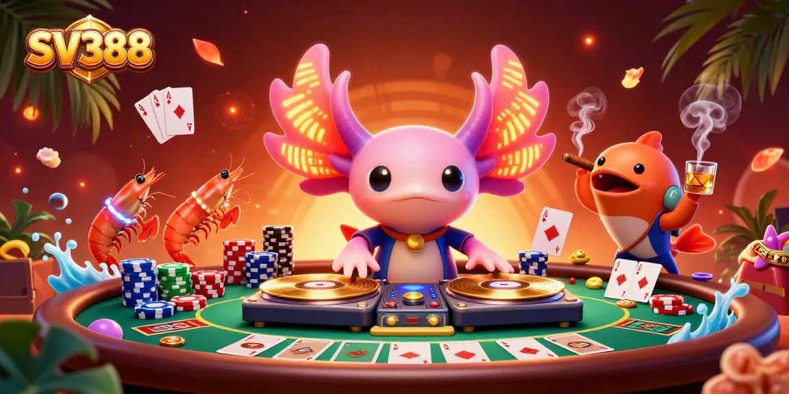 Experience SV388's vibrant casino scene with a neon axolotl DJ and poker elements.