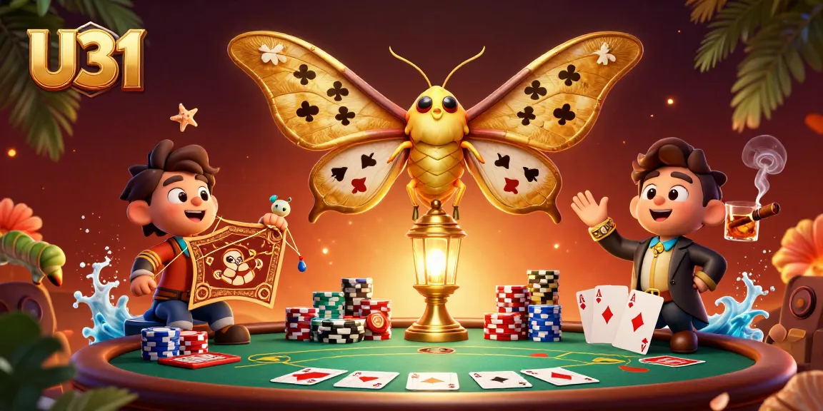 Experience the thrill of U31 gaming with vibrant casino scenes featuring golden moths and rich poker elements.