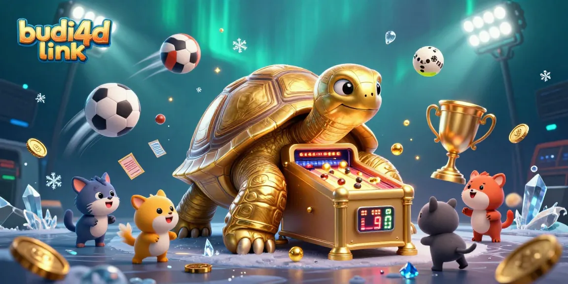 Engage with budi4d link illustrated by a lively scene featuring a golden tortoise pinball machine and small animals interacting joyously.