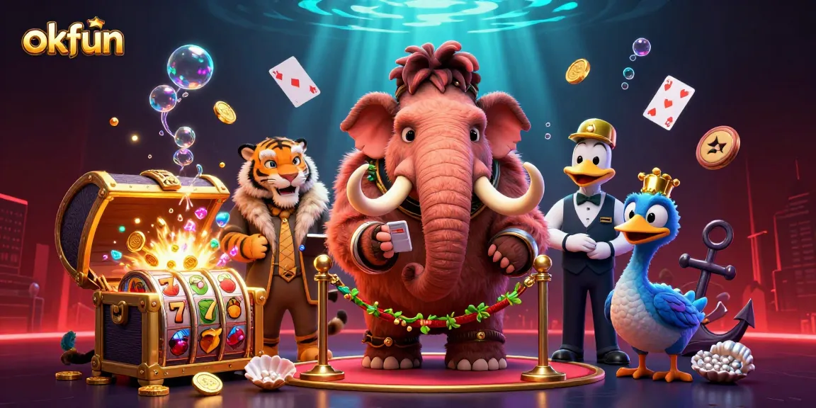 Engage with okfun's vibrant casino scene featuring a woolly mammoth bouncer, saber-tooth VIP, and dynamic gaming elements.
