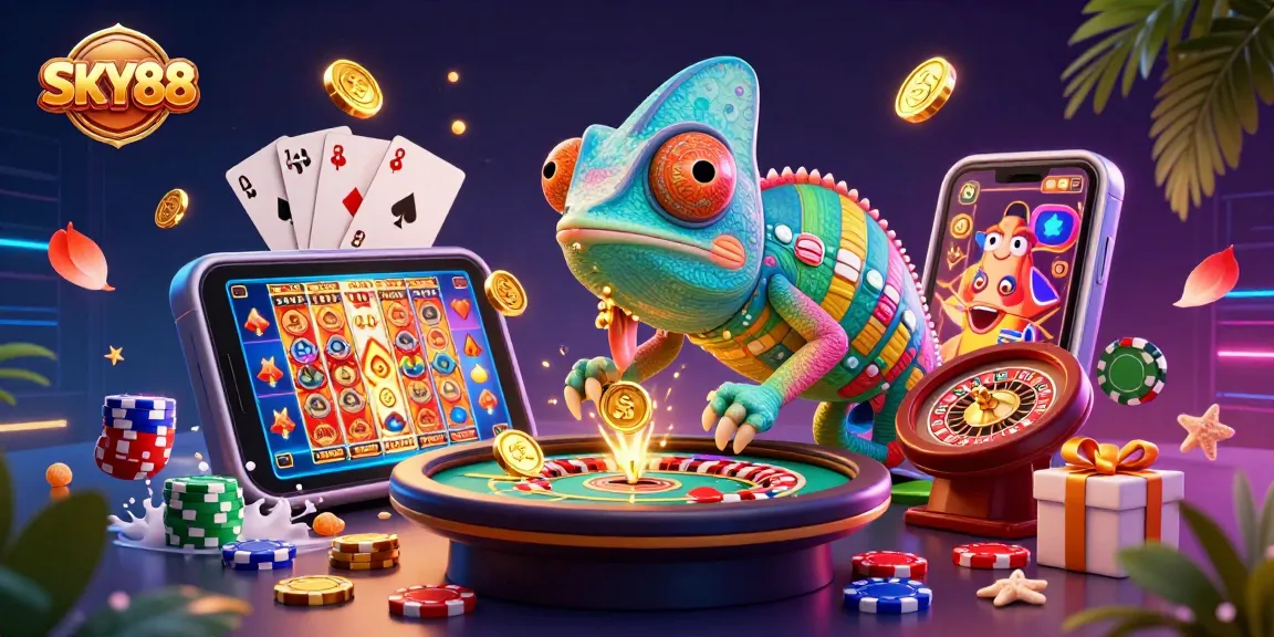SKY88 casino chameleon capturing gold coins in a vibrant gaming scene filled with slot and poker action.