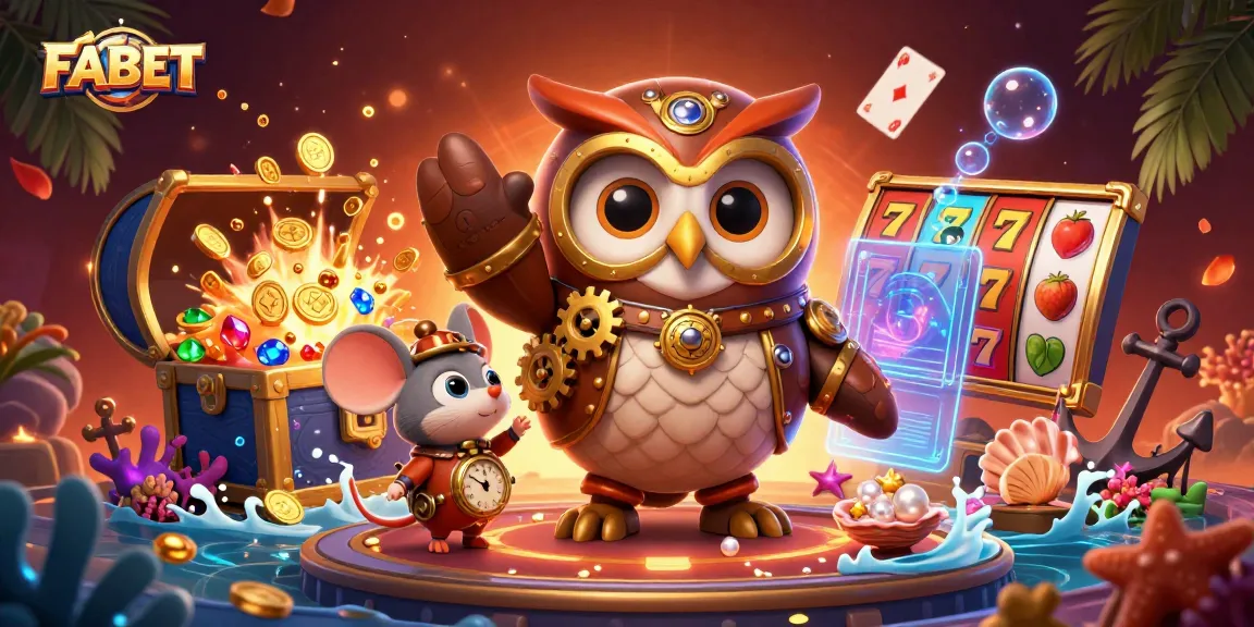 FABET showcases a dynamic steampunk owl in a lively casino scene filled with vibrant slot elements.