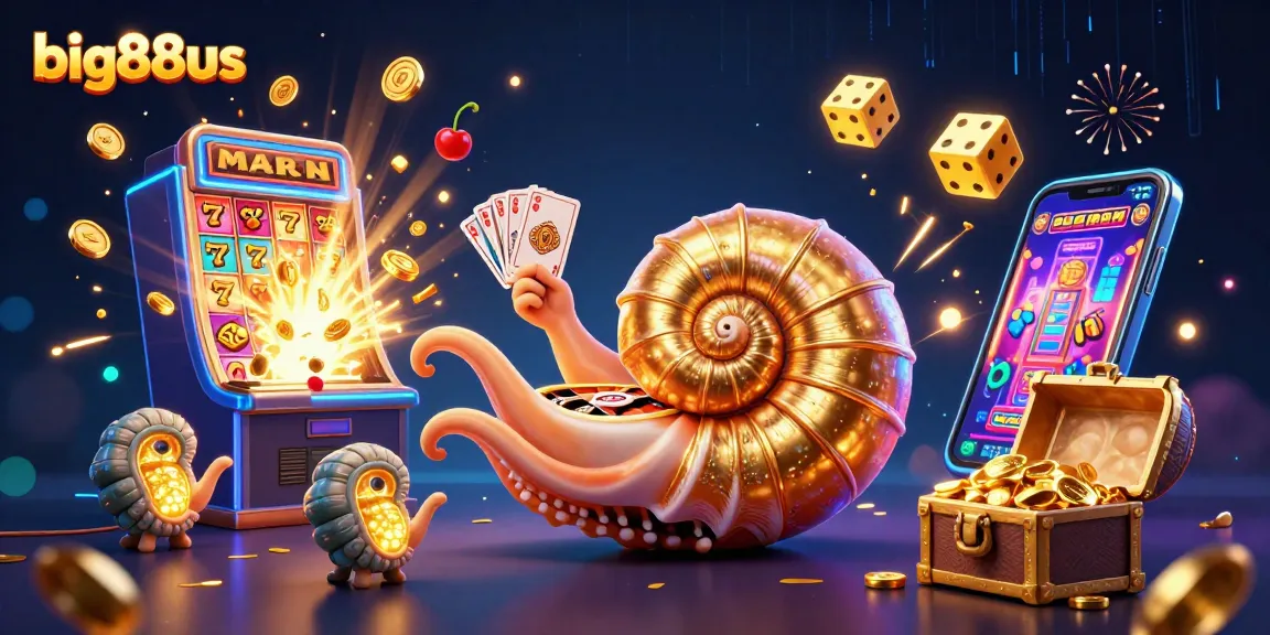 Experience gaming excitement with big88us, featuring a vibrant 3D illustration of casino elements exploding with jackpots.