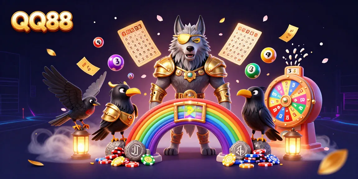 Experience QQ88 with vibrant casino elements and mythic characters in an engaging illustration.