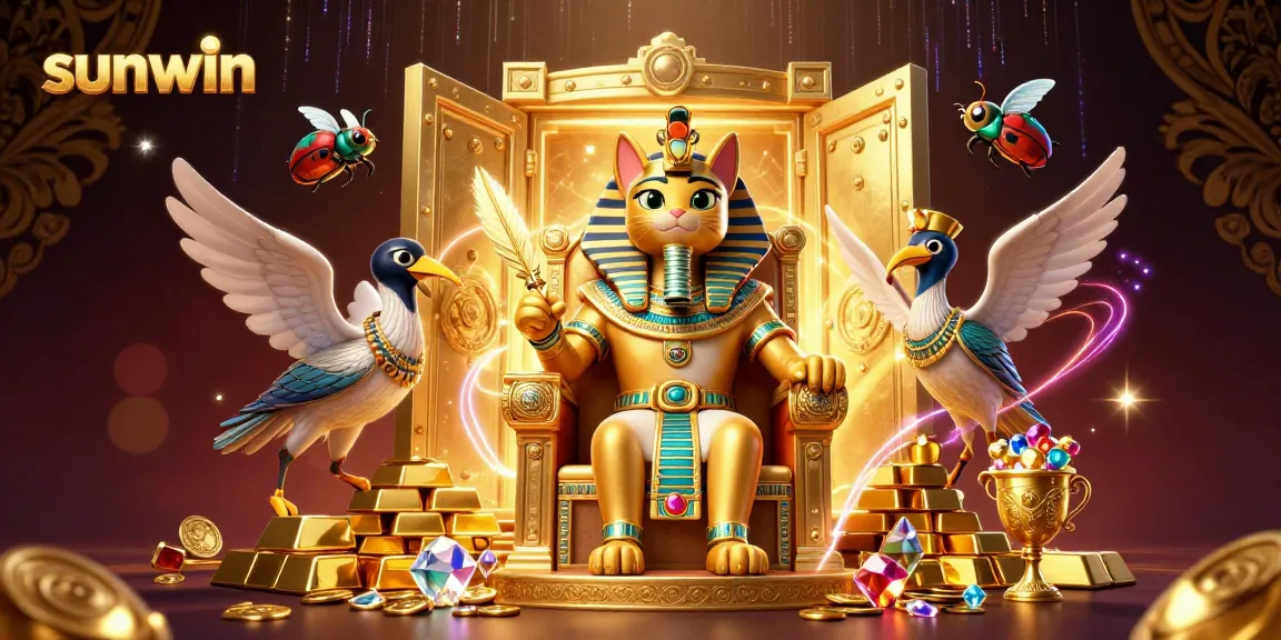 Experience the magic of sunwin with a 3D pharaoh cat surrounded by treasures and gaming elements.
