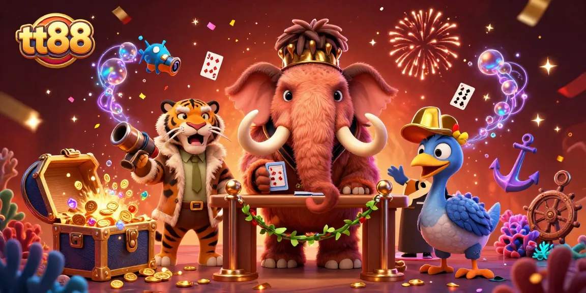 tt88 casino scene featuring a woolly mammoth bouncer and saber-tooth guest at a lively online casino
