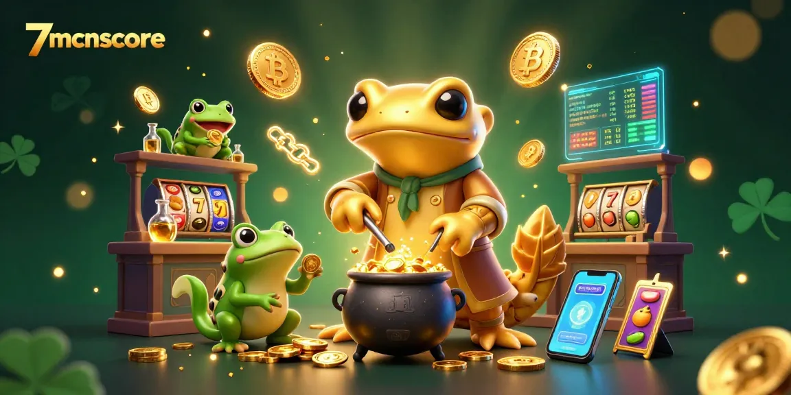 Engage with 7mcnscore in a vibrant, dynamic casino scene featuring a golden salamander alchemist, crypto coins, and slot elements.