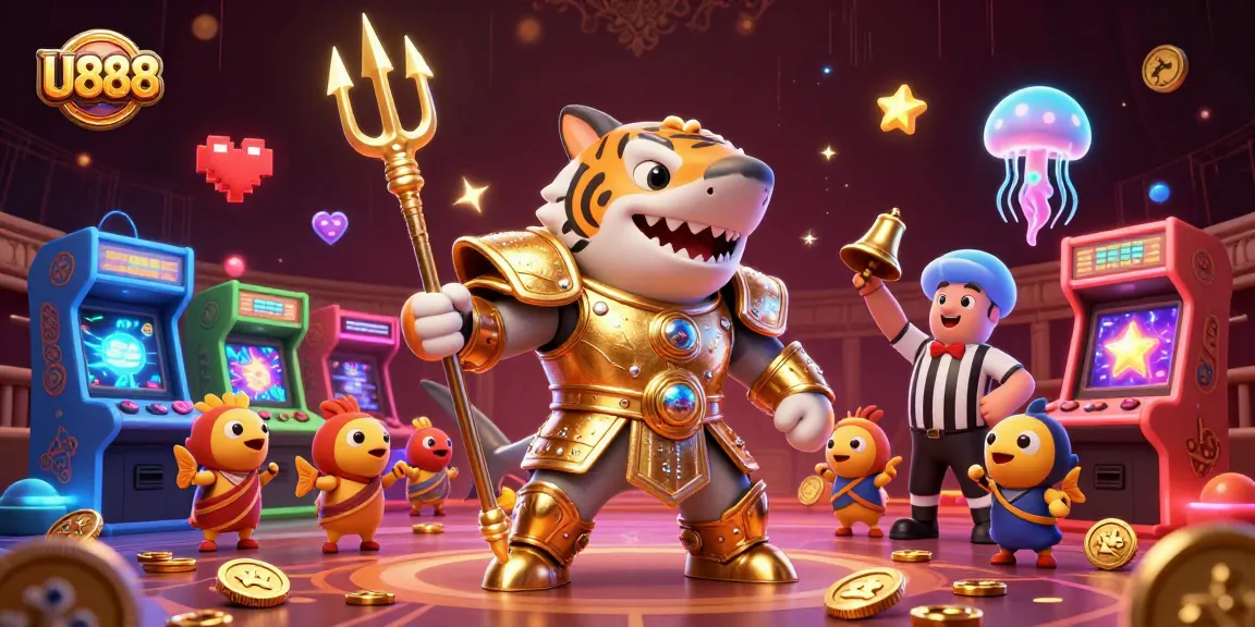Experience the thrill of U888 with a shark warrior in a vibrant casino scene.