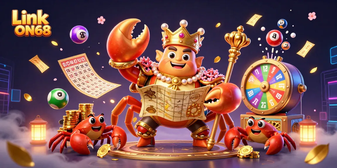 Join the excitement with Link ON68 and colorful lottery elements in this vibrant casino scene.