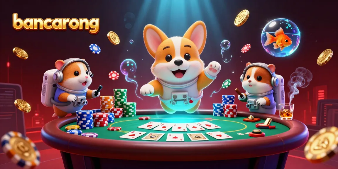 Bancarong poker scene with a corgi astronaut, goldfish, and hamster in a lively casino