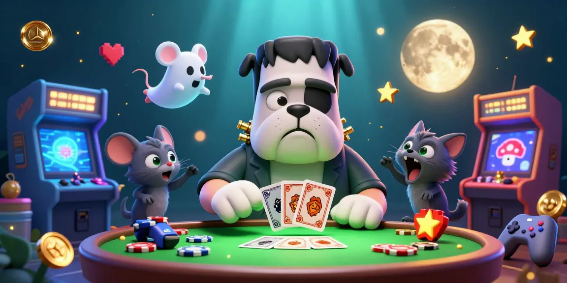 Experience thrilling gameplay at mercedes-nohu as a Frankenstein bulldog monster deals cards in vibrant casino atmosphere.