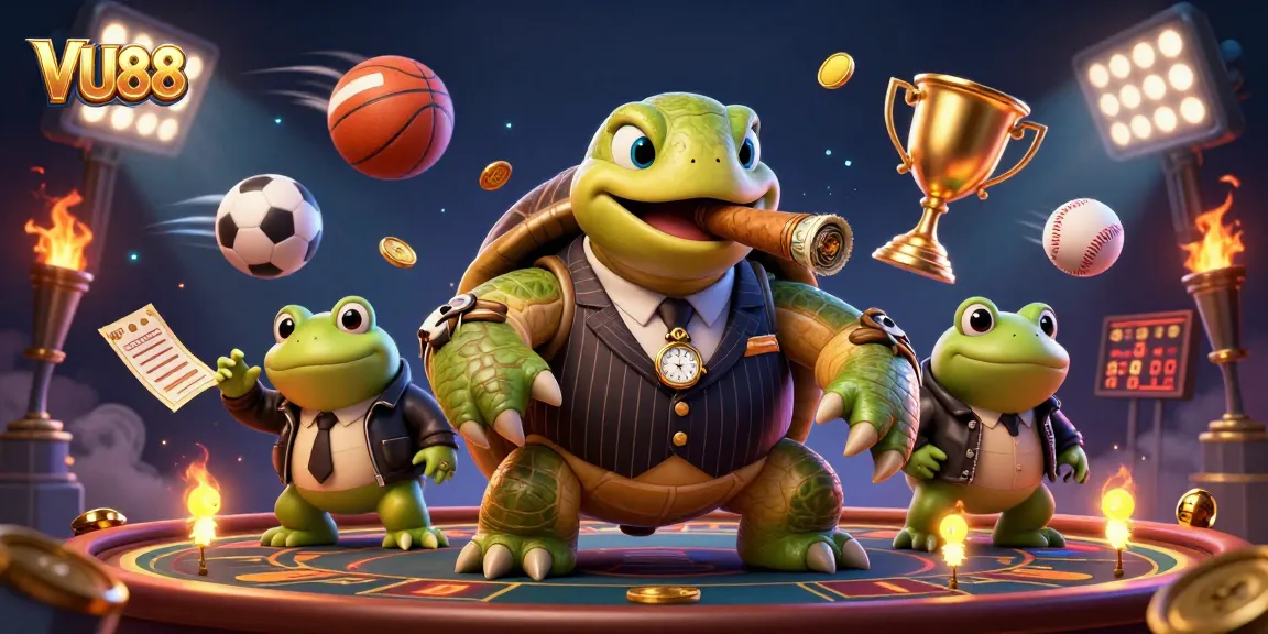 VU88 showcases a snapping turtle in a mobster suit with bullfrog enforcers amid glowing casino elements for a vibrant scene.