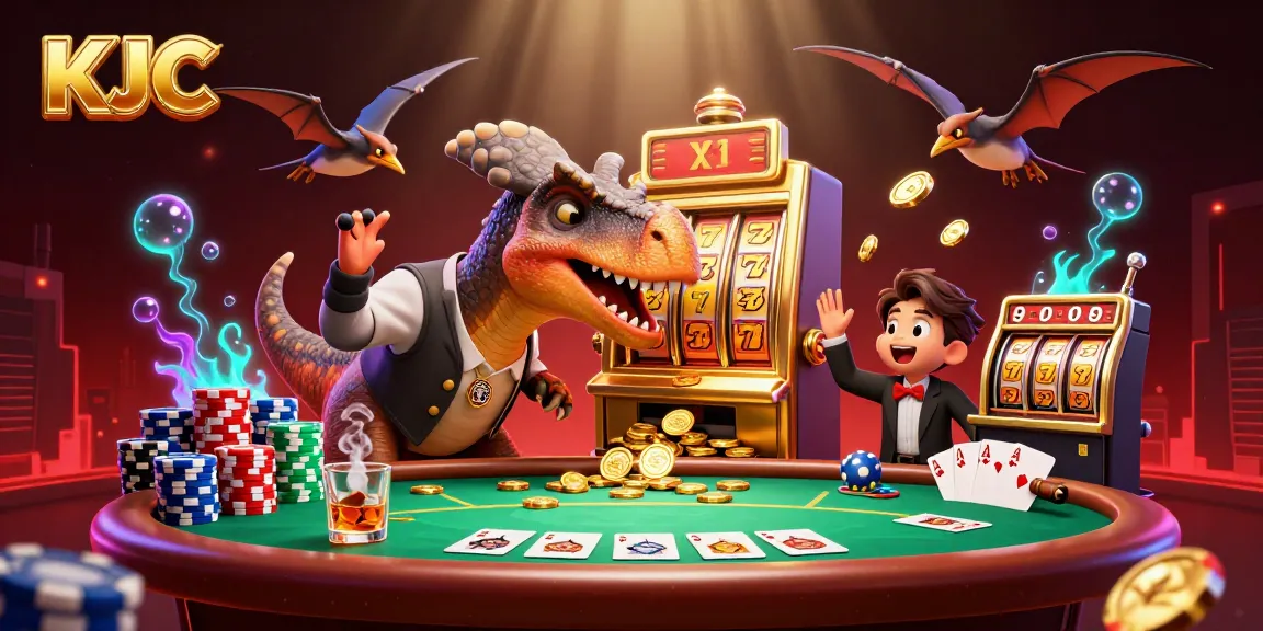 KJC showcases a dynamic scene with colorful characters and casino elements, signaling jackpot excitement.