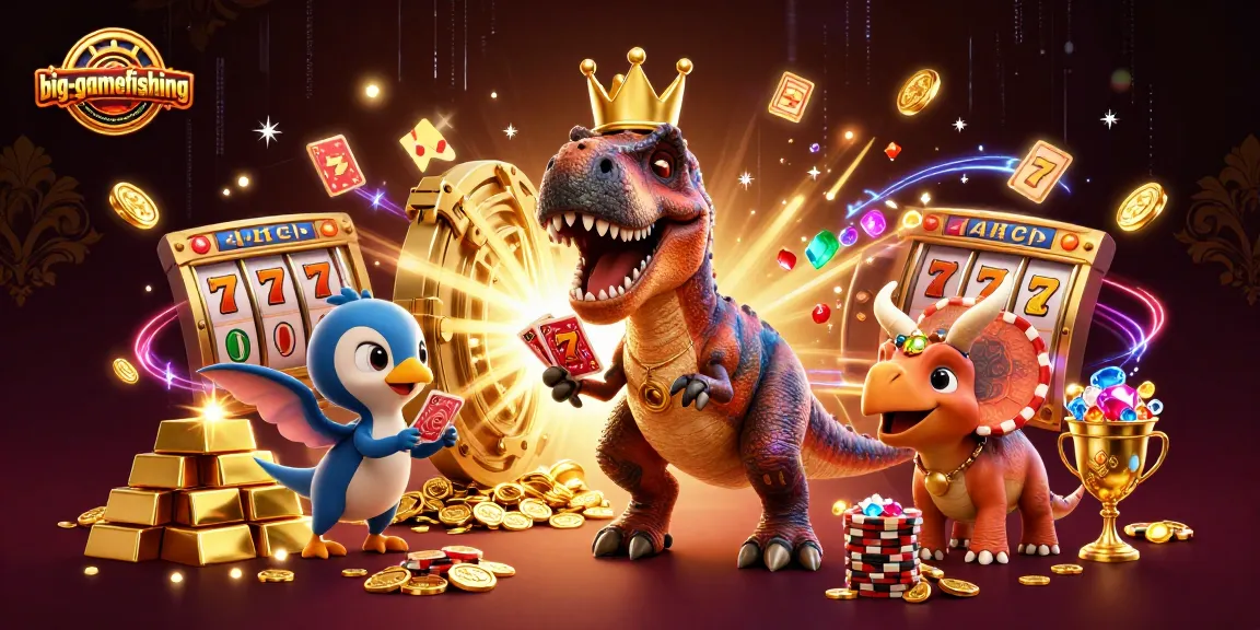 Engage in big-gamefishing with T-Rex, pterodactyl, and triceratops amidst vibrant casino slots.
