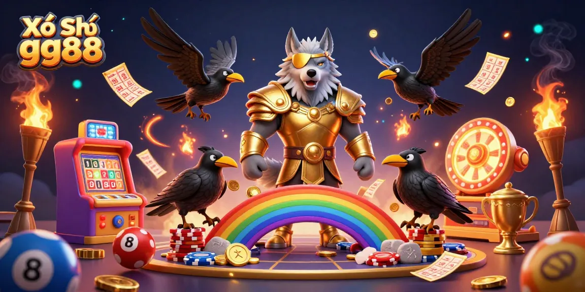 Xổ Số gg88 themed illustration showcasing dynamic lottery elements and characters amidst vibrant casino atmosphere.