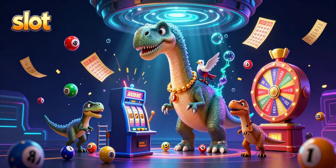 Slot mesin berkilauan dengan brontosaurus dan raptor, efek kembang api dan bola lotere.