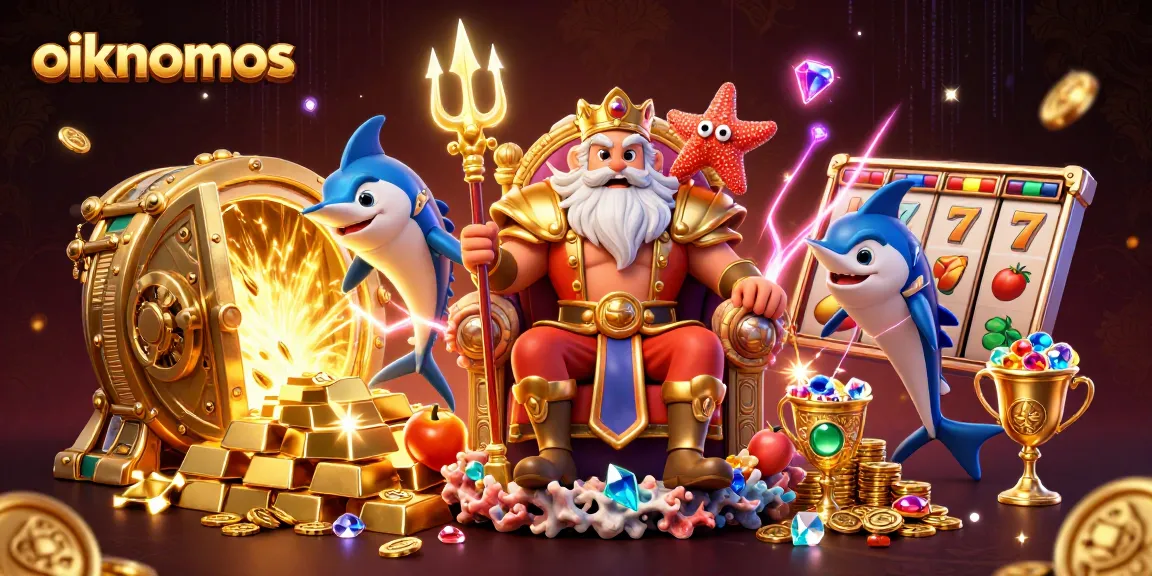 oikonomos casino scene featuring Neptune, treasures, and vibrant slot elements