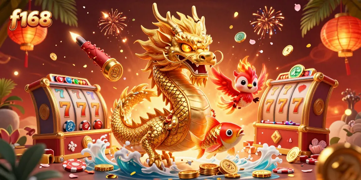 Experience thrilling wins with f168 in this vibrant 3D casino illustration featuring dynamic gaming elements.