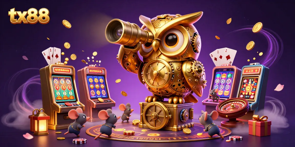 Engage with the tx88 online casino featuring a whimsical golden owl overseeing vibrant gaming activity and decorations.