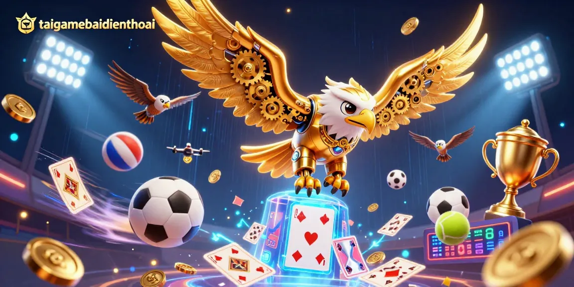 Engage with thrilling moments in taigamebaidienthoai featuring cybernetic eagle diving through digital playing cards.