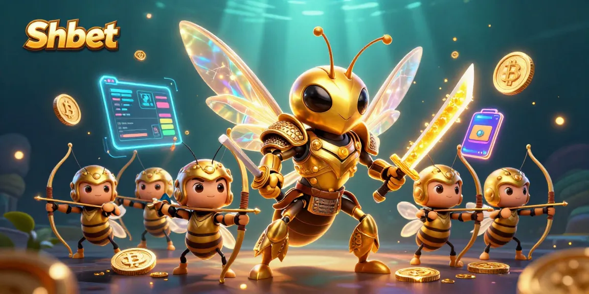 Engage with Shbet's golden hornet and bee archers in a vibrant, action-packed casino scene.
