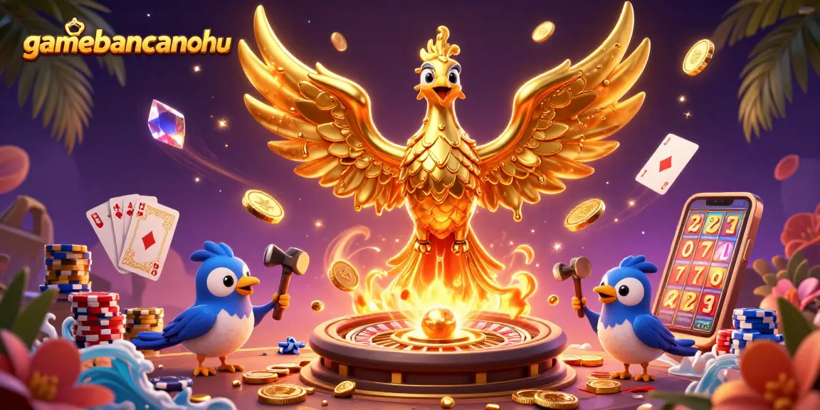 Experience excitement with gamebancanohu, featuring a phoenix and a vibrant casino scene.