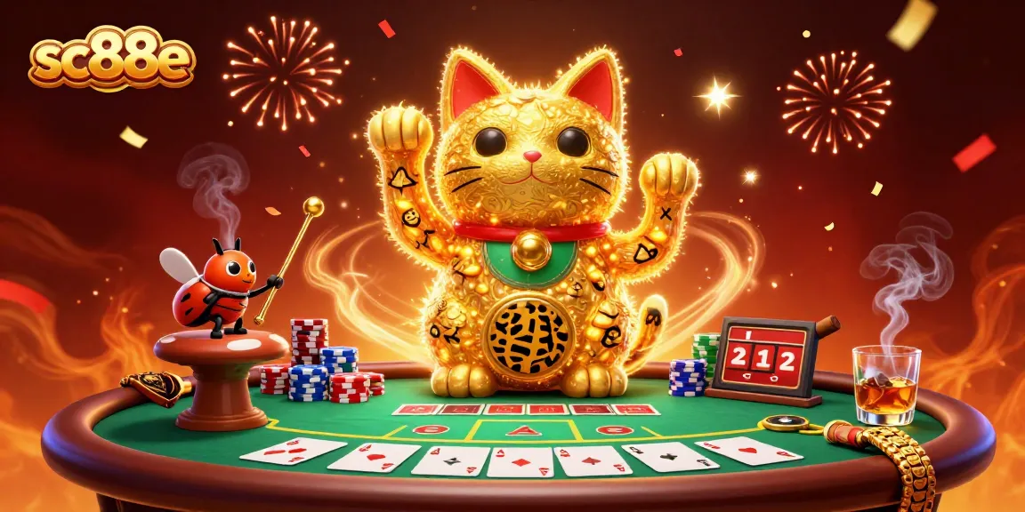 Experience sc88e with a captivating 3D scene of a lucky cat and poker elements, emphasizing casino excitement.