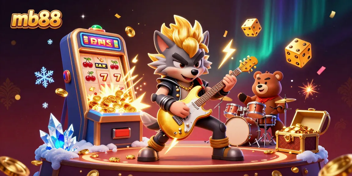 Experience the thrilling gameplay of mb88 with casino-themed excitement featuring a rock star wolf and a drummer bear.