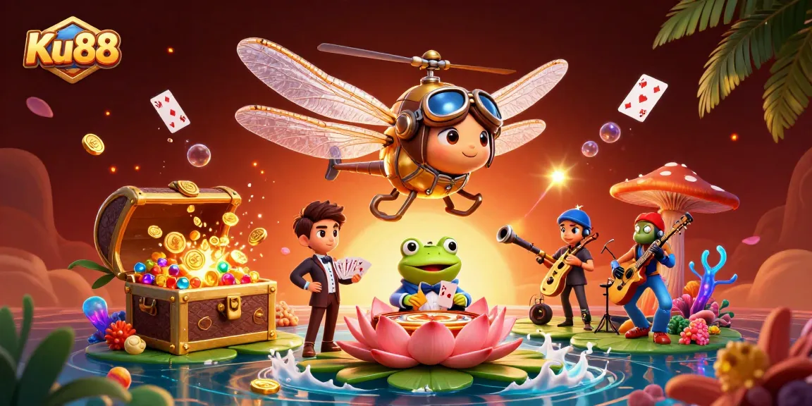 Experience thrilling gameplay at Ku88 with a vibrant casino scene featuring a dragonfly pilot and frog croupier.