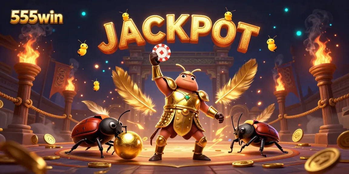 Experience thrilling gameplay with 555win, featuring a golden-armored beetle celebrating a victory among sparkles and Jackpot signs.