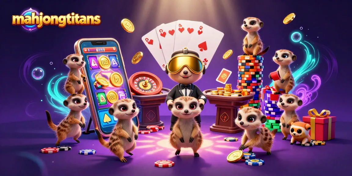 Engage in mahjongtitans fun with meerkats running a vibrant casino operation in this colorful scene.