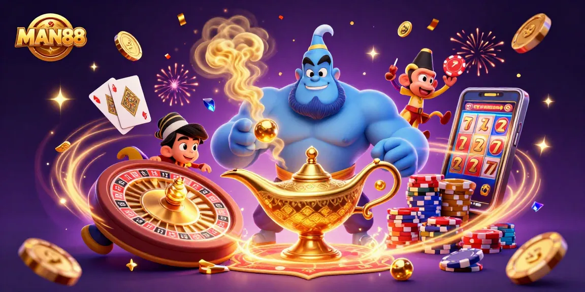 Experience the magic of MAN88 with a vibrant casino scene featuring a genie, monkey, and poker chips.