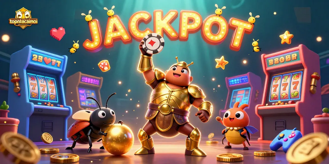 Experience the thrill of topnhacaimoi with a victorious beetle lifting a poker chip amidst vibrant casino elements.