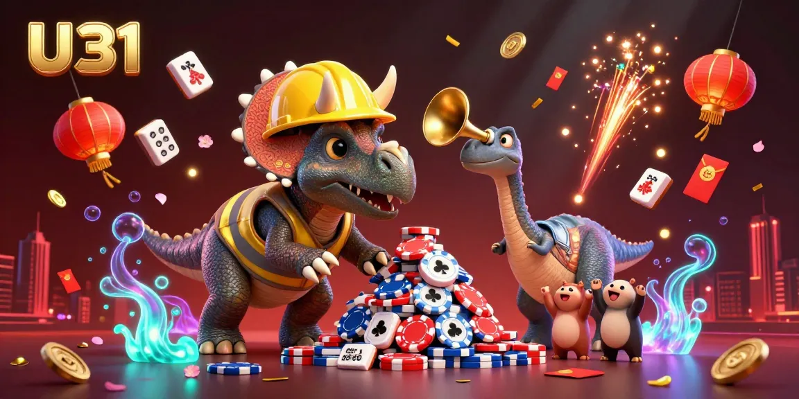 Engage with U31's dynamic casino atmosphere featuring a triceratops, poker chips, and festive game elements.